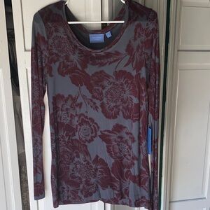 Simply Vera Vera Wang Burgundy and Gray Floral Long Sleeve Top